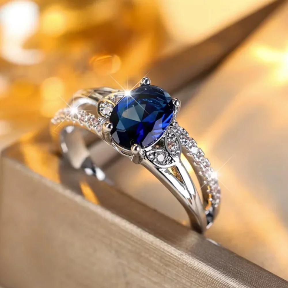 18k White Gold Blue Sapphire Diamond Ring Leaf Petal Ring